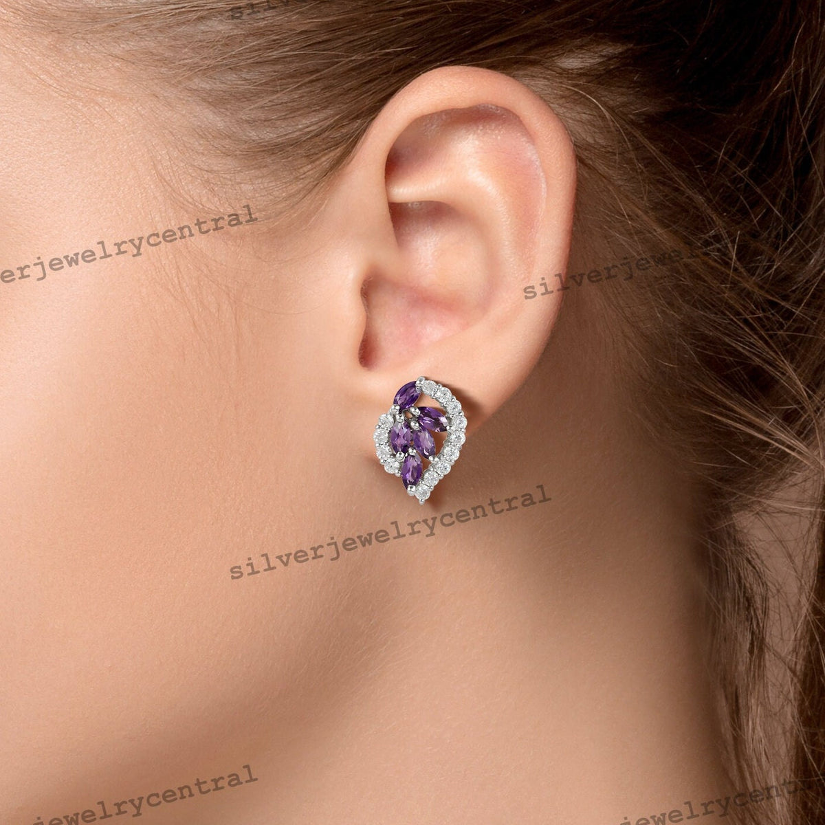 Marquise Amethyst Stud Earrings, 925 Sterling Silver, CZ Accents, February Birthstone