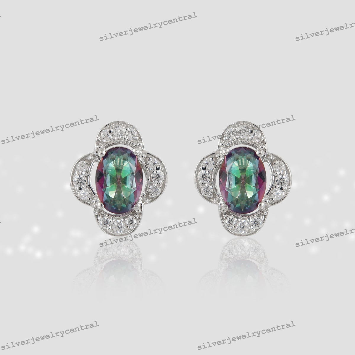 Oval Mystic Topaz Sterling Silver Stud Earrings, November Birthstone Flower Design