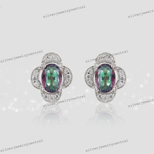 Oval Mystic Topaz Sterling Silver Stud Earrings, November Birthstone Flower Design