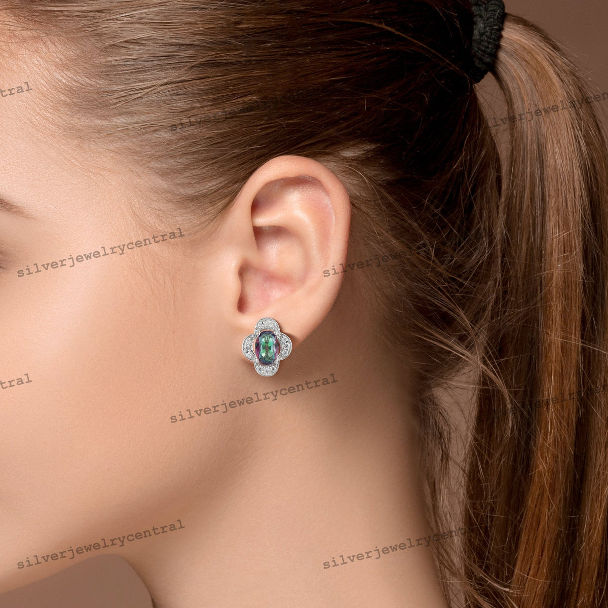 Oval Mystic Topaz Sterling Silver Stud Earrings, November Birthstone Flower Design