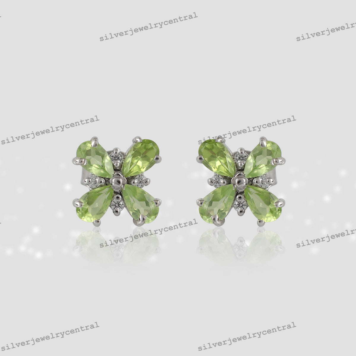 Natural Peridot Pear Cut Stud Earrings, 14k White Gold Flower Jewelry (August Birthstone)