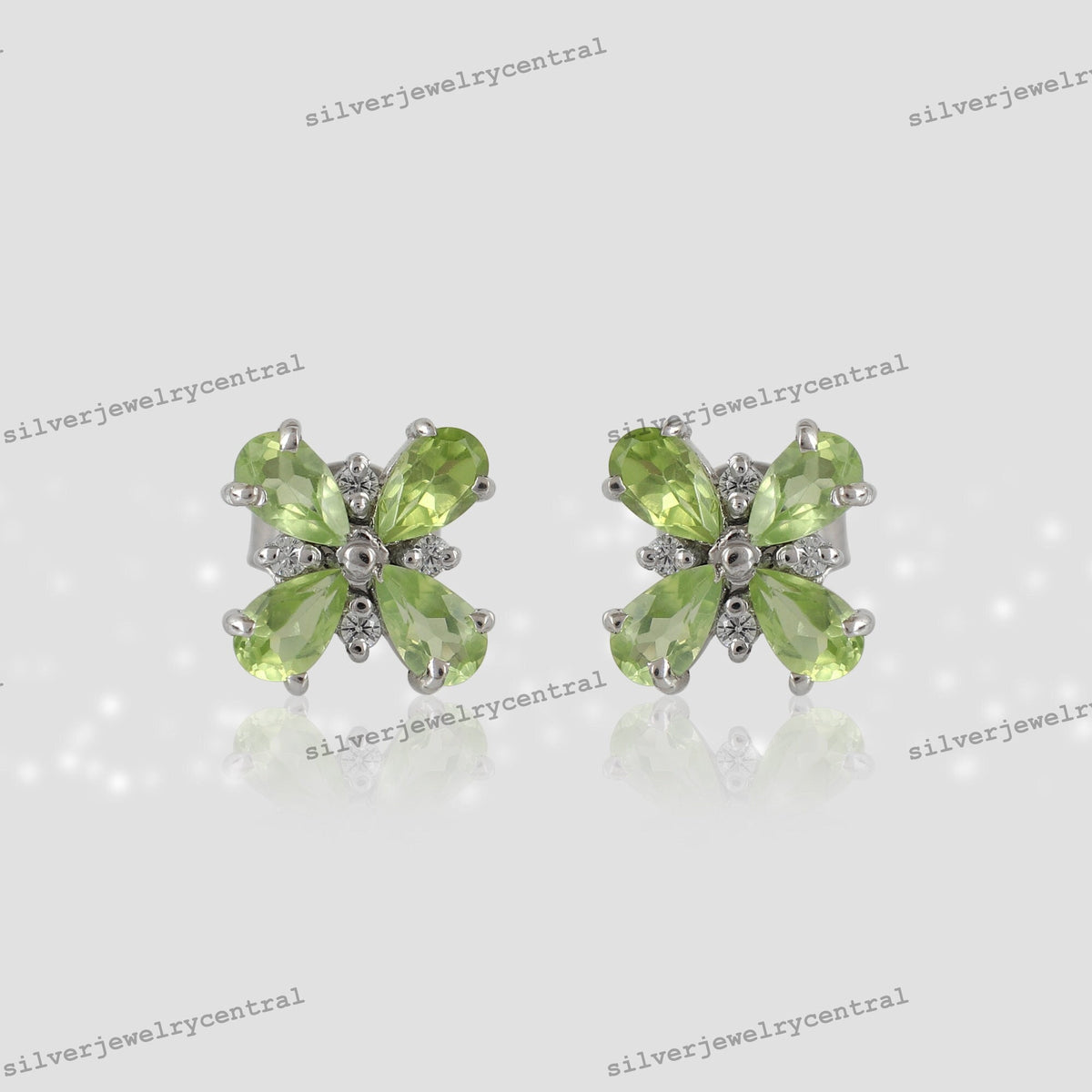 Natural Peridot Pear Cut Stud Earrings, 14k White Gold Flower Jewelry (August Birthstone)