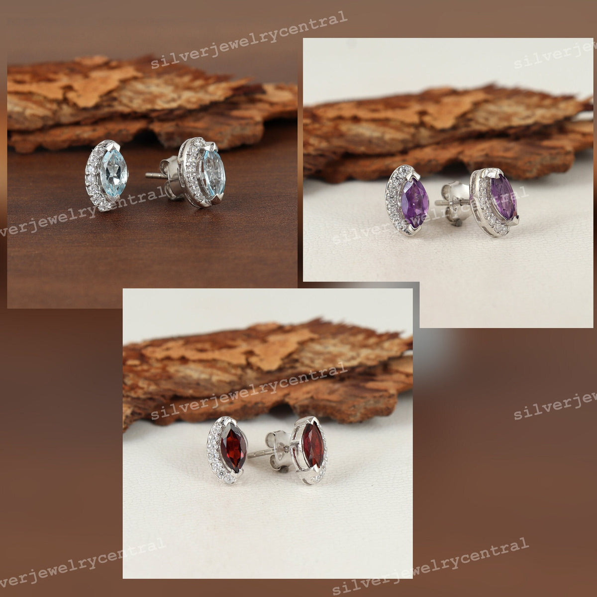Marquise Garnet Stud Earrings, 925 Sterling Silver, January Birthstone, Minimalist Gemstone