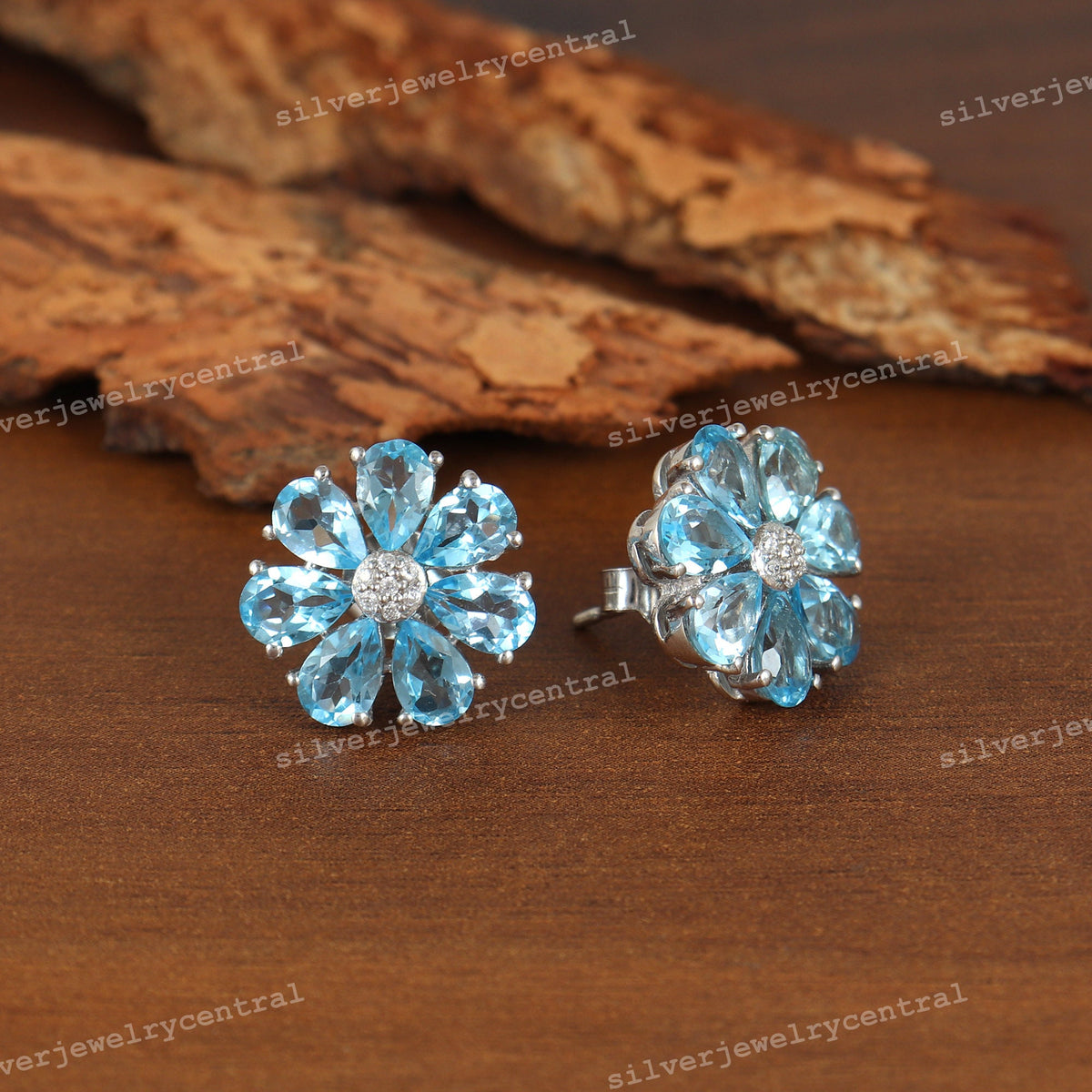 Sterling Silver Swiss Blue Topaz Flower Stud Earrings, Pear Gemstone Minimalist Floral Studs