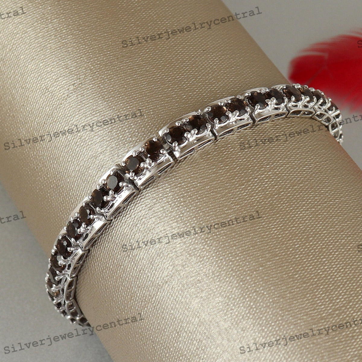 Smoky Quartz Tennis Bracelet, Sterling Silver, Round Cut Gemstone, Brown Jewelry