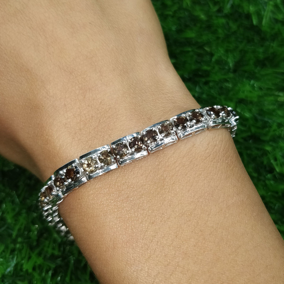 Smoky Quartz Tennis Bracelet, Sterling Silver, Round Cut Gemstone, Brown Jewelry