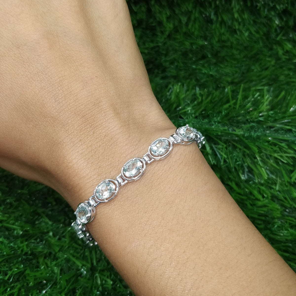 Natural Green Amethyst Gemstone Bracelet Oval Cut Sterling Silver Handmade Vintage Jewelry