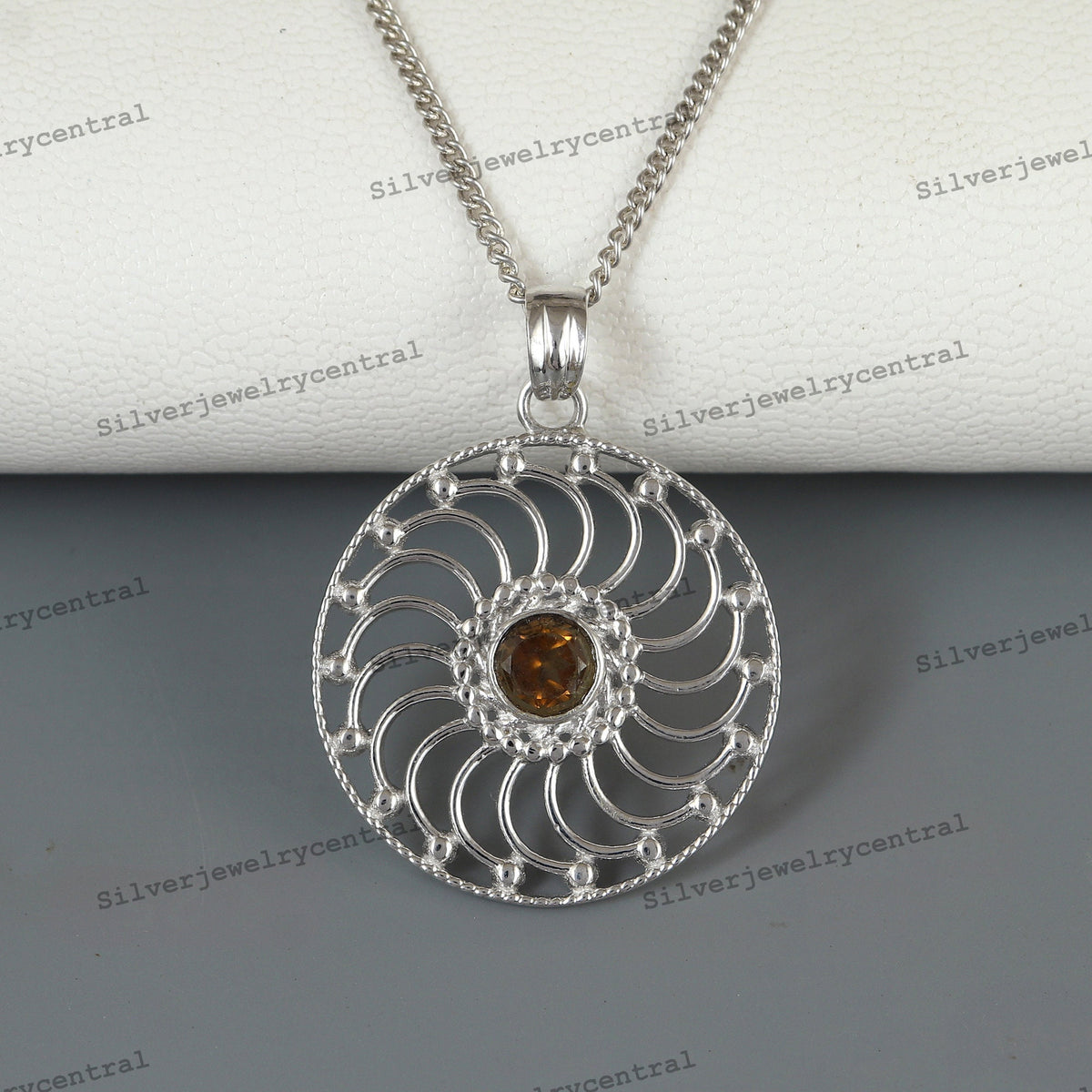 Sterling Silver Multi Stone Pendant Necklace, Amethyst, Rose Quartz, Smoky Quartz