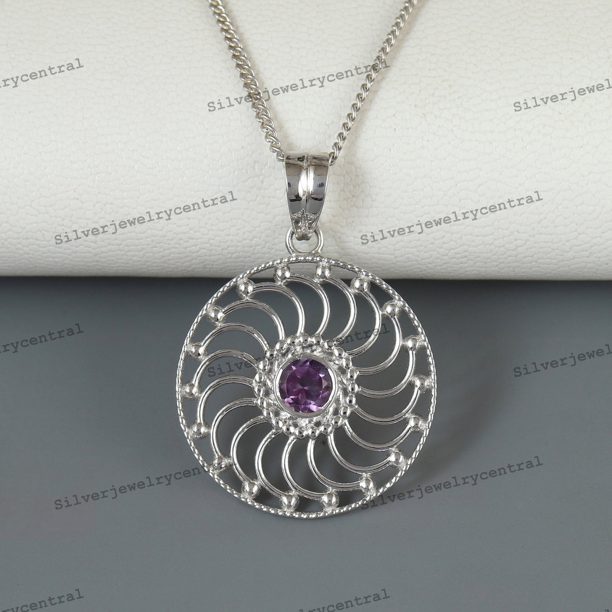Sterling Silver Multi Stone Pendant Necklace, Amethyst, Rose Quartz, Smoky Quartz