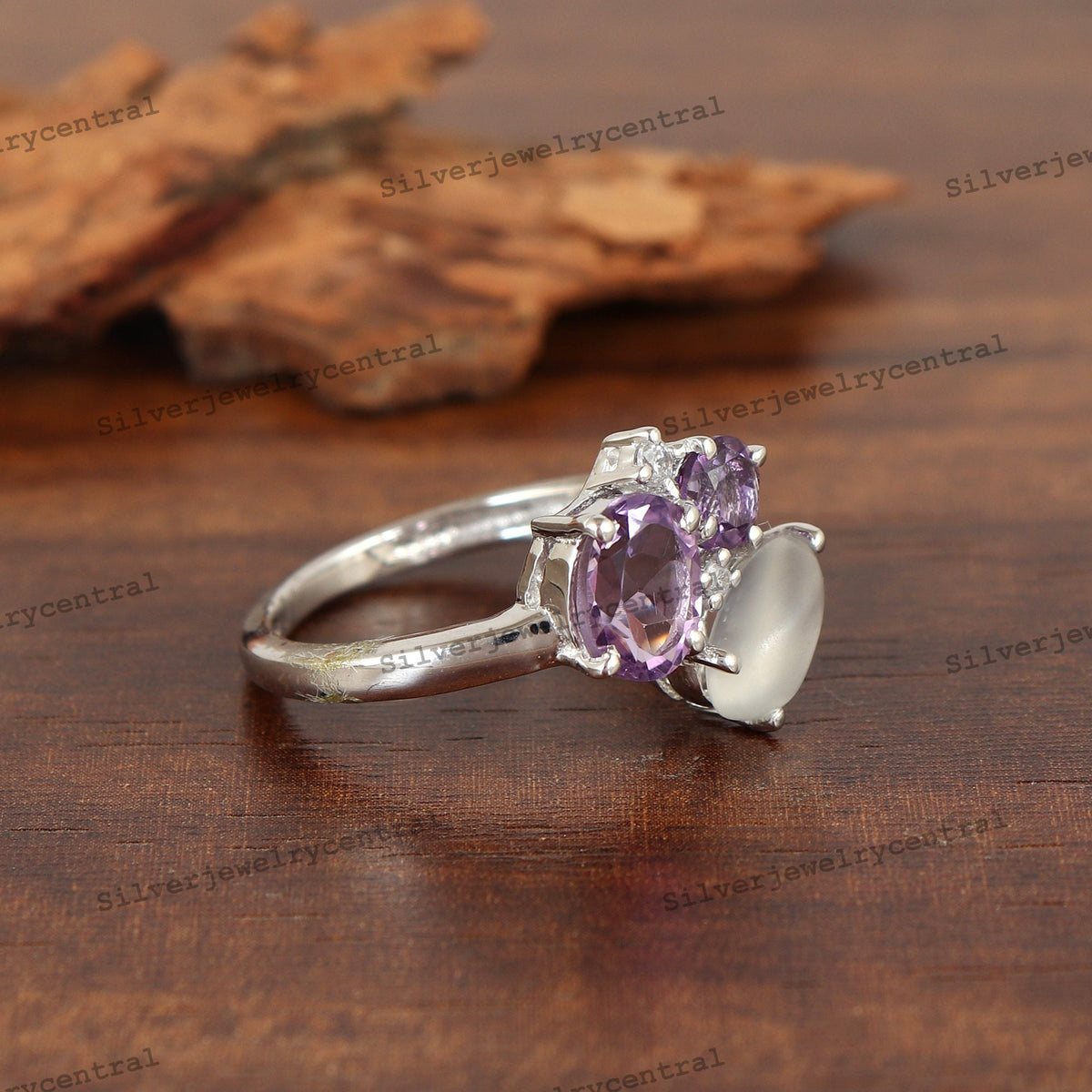 Sterling Silver Amethyst and Moonstone Ring, Cluster Ring