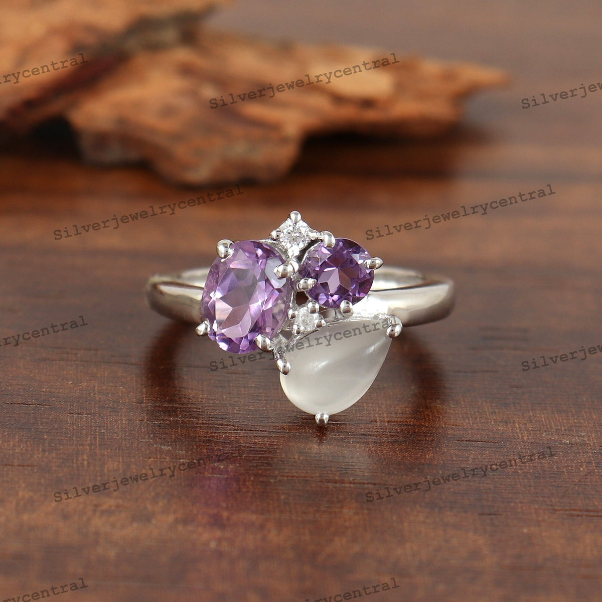 Sterling Silver Amethyst and Moonstone Ring, Cluster Ring