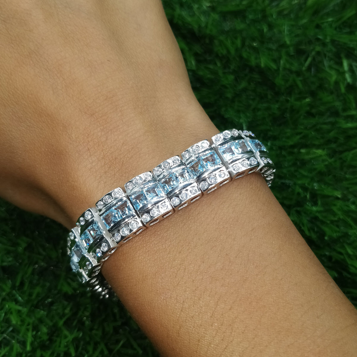 Sterling Silver Blue Topaz Tennis Bracelet, Square Cut Gemstone, December Birthstone