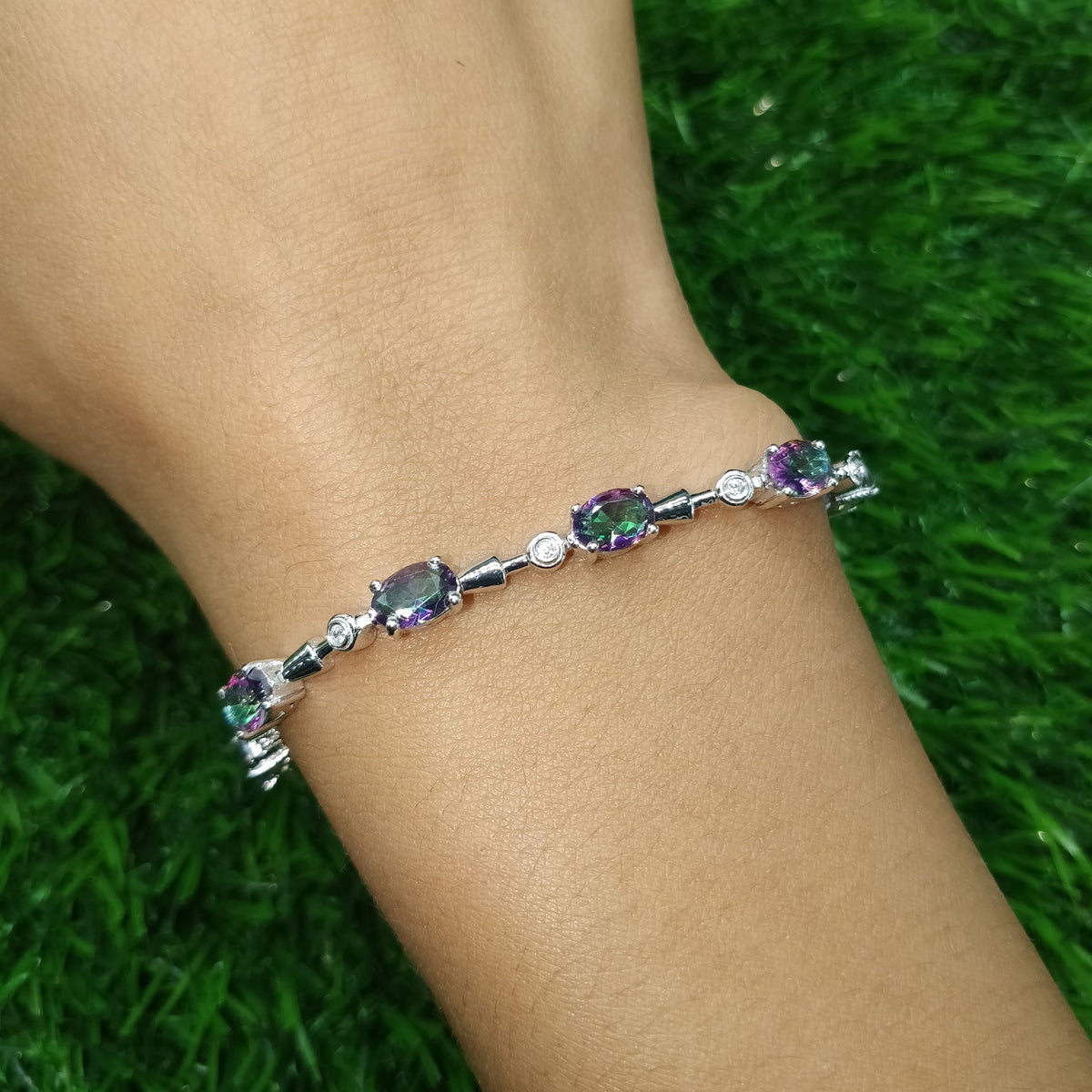Mystic Topaz, Smokey Quartz, Green Amethyst Gemstone 925 Sterling Silver Tennis Bracelet Handmade Jewelry
