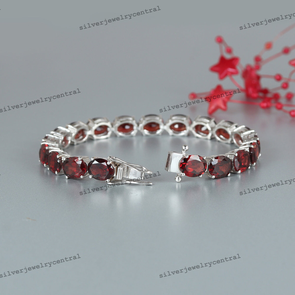 925 Sterling Silver Oval Garnet Tennis Bracelet, January Birthstone, Cocktail Jewelry