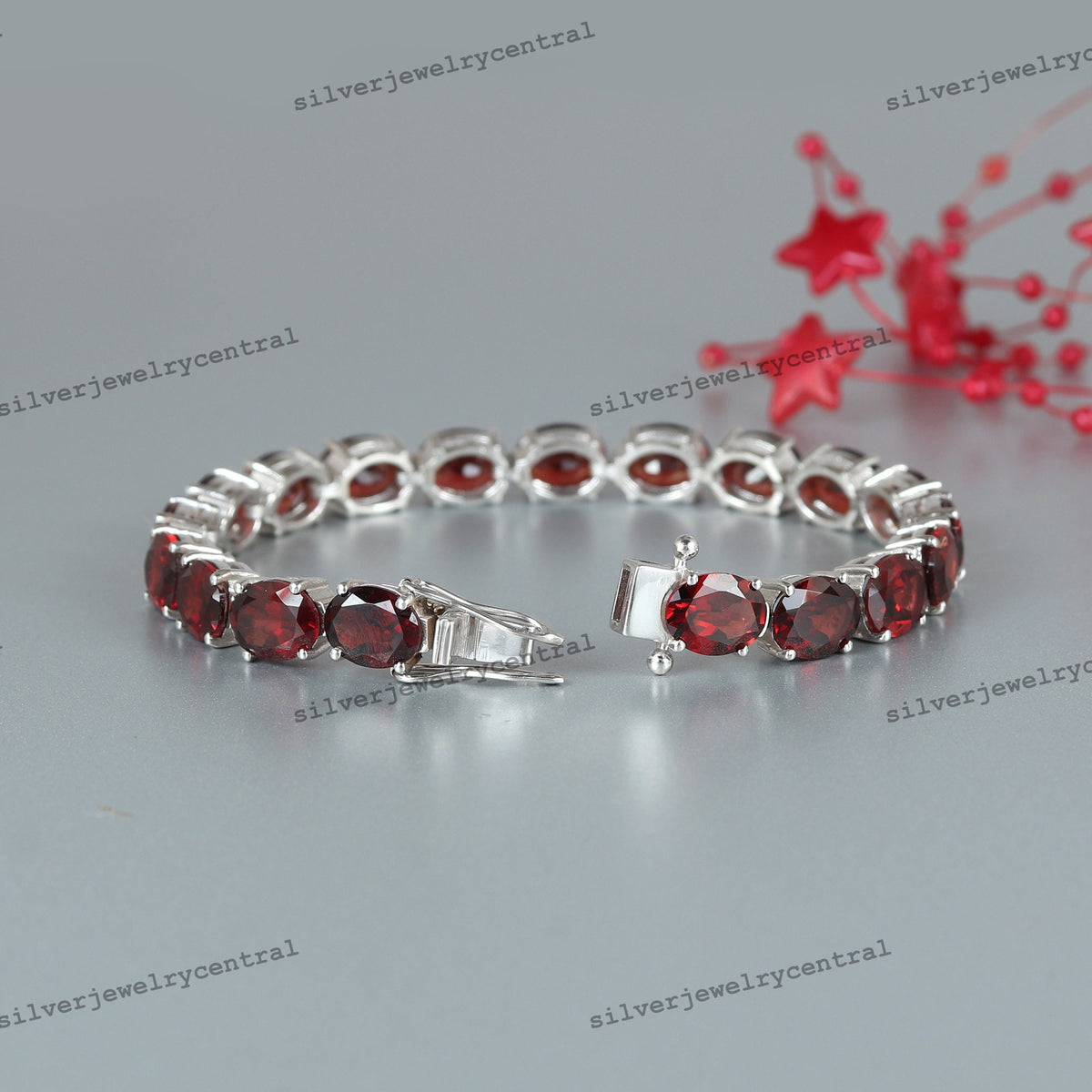925 Sterling Silver Oval Garnet Tennis Bracelet, January Birthstone, Cocktail Jewelry
