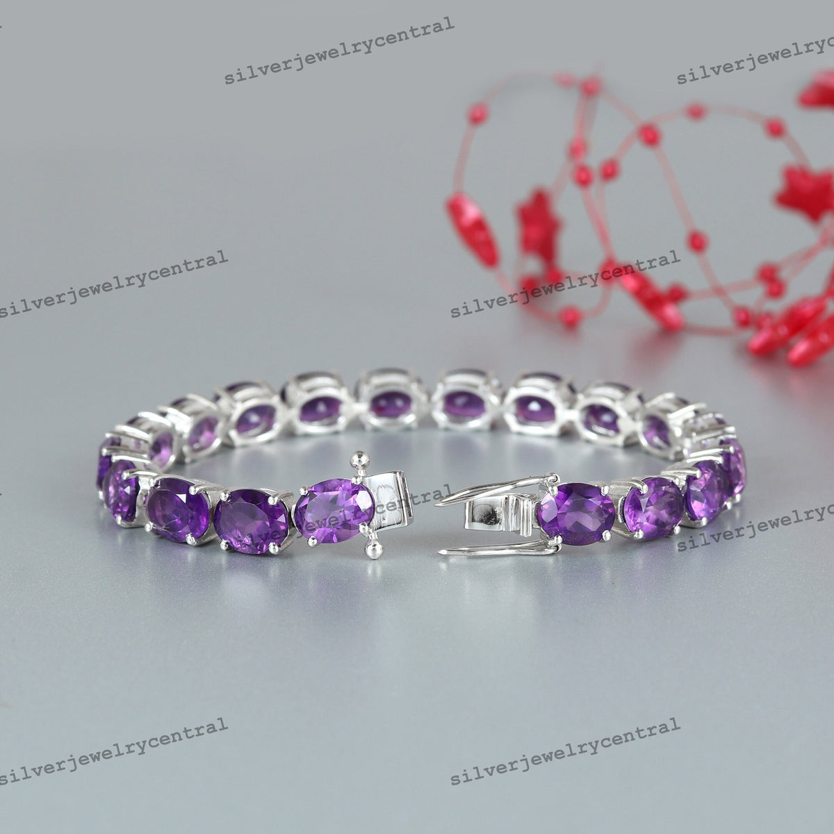 Natural Amethyst Tennis Bracelet, 925 Sterling Silver, Oval Cut Gemstone, February Birthstone