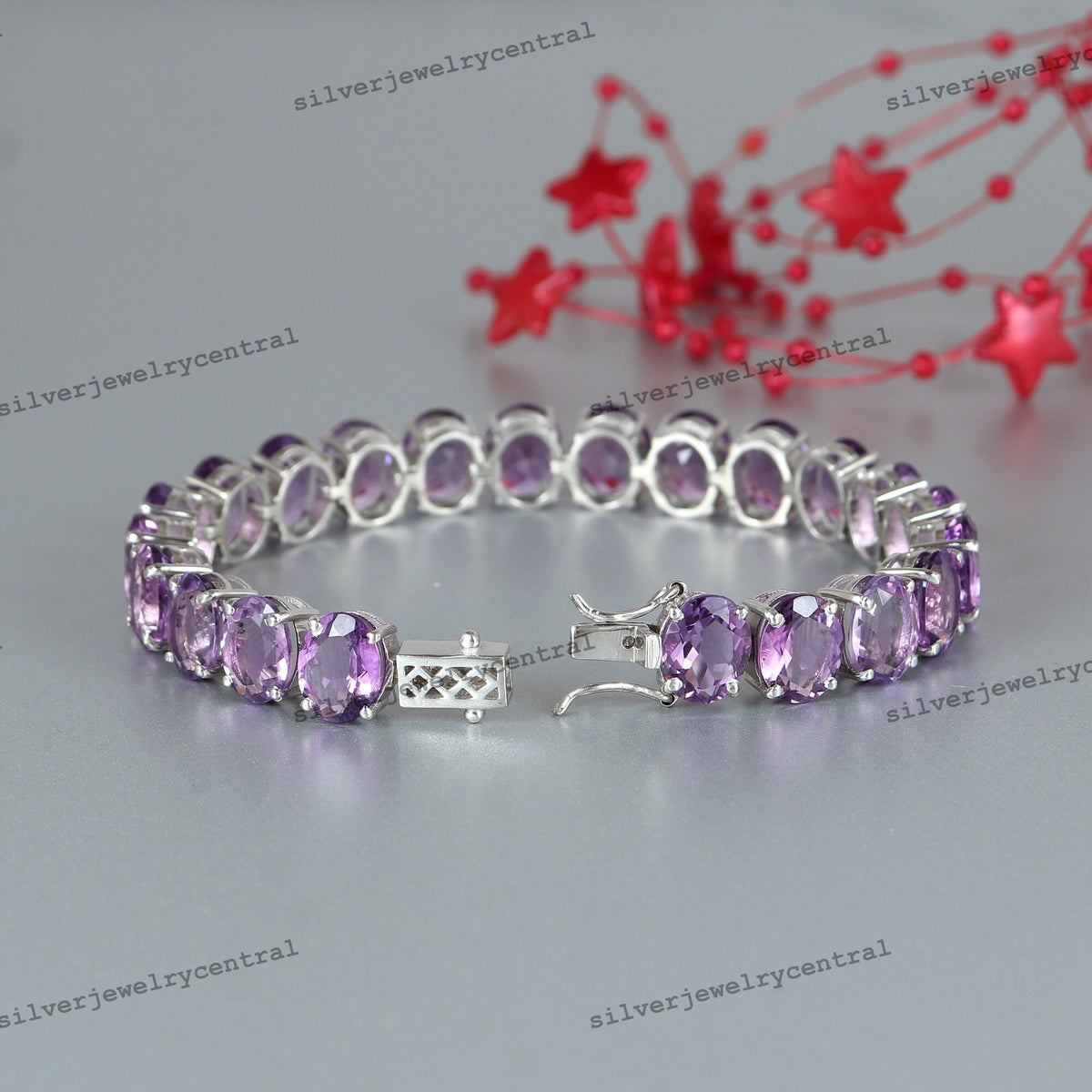 Natural Amethyst Oval Tennis Bracelet, Sterling Silver, February Birthstone, Dainty Amethyst Jewelry