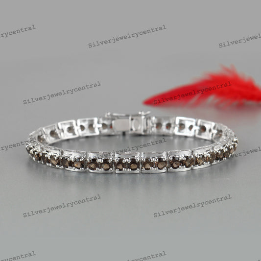 Smoky Quartz Tennis Bracelet, Sterling Silver, Round Cut Gemstone, Brown Jewelry