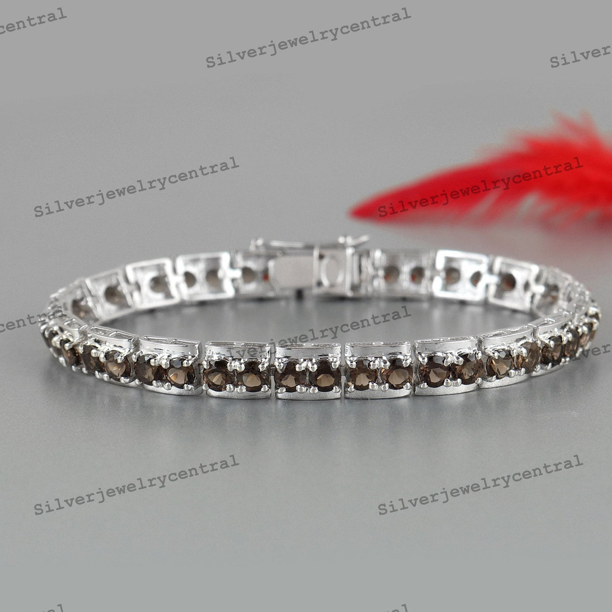 Smoky Quartz Tennis Bracelet, Sterling Silver, Round Cut Gemstone, Brown Jewelry
