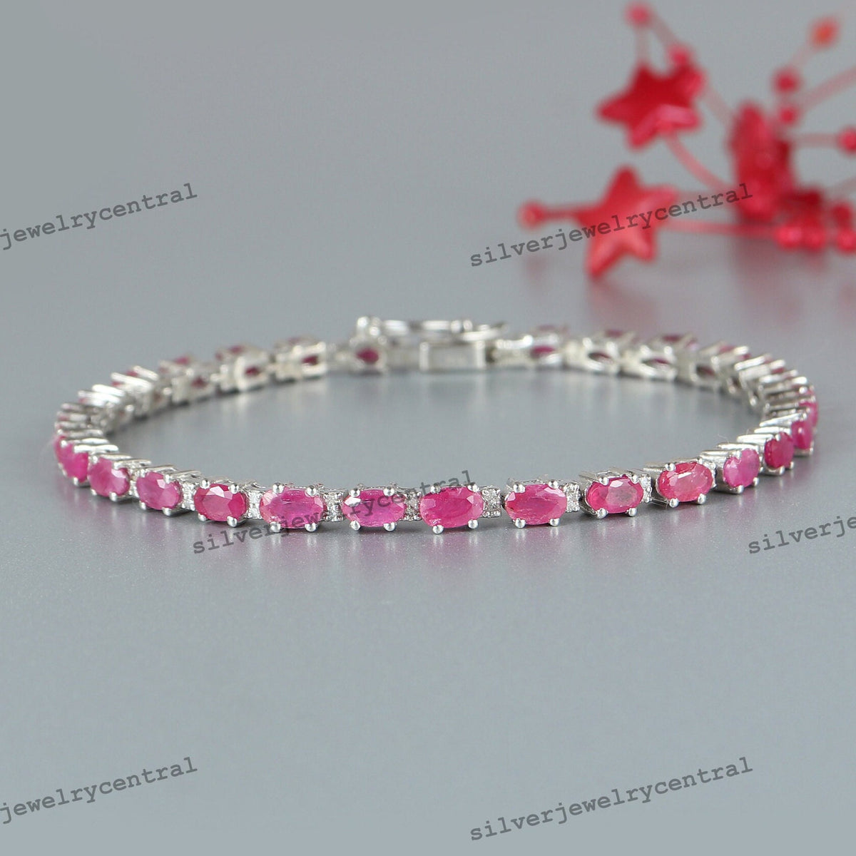 Natural Ruby Tennis Bracelet, Sterling Silver, Oval Cut, July Birthstone, Bridal Jewelry