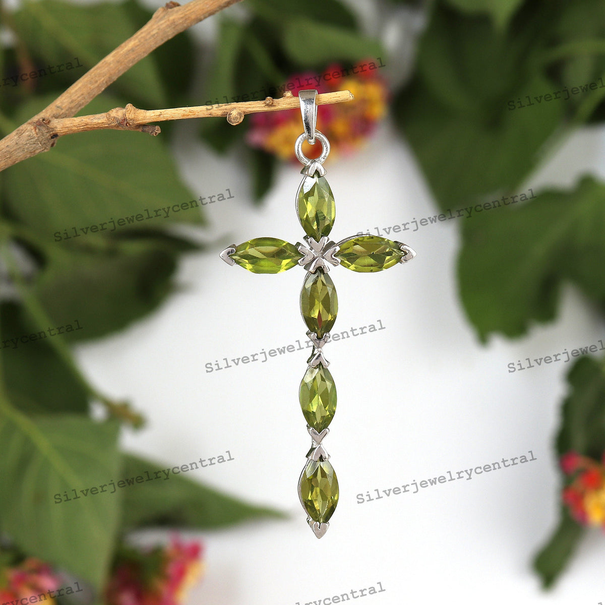 Peridot Cross Pendant, 925 Sterling Silver, Marquise Cut Gemstone, August Birthstone Charm