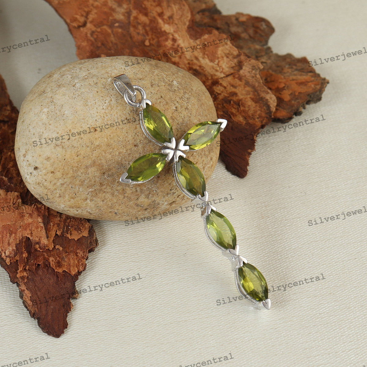 Peridot Cross Pendant, 925 Sterling Silver, Marquise Cut Gemstone, August Birthstone Charm