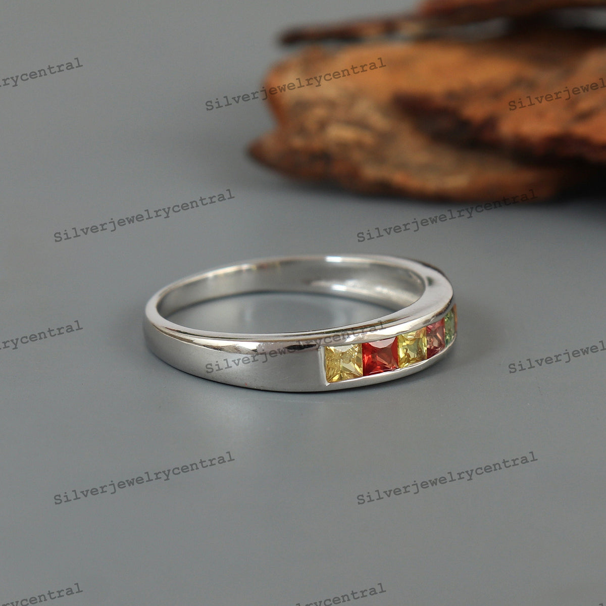 Multi Sapphire Band Ring: Square Gemstone, Sterling Silver Jewelry