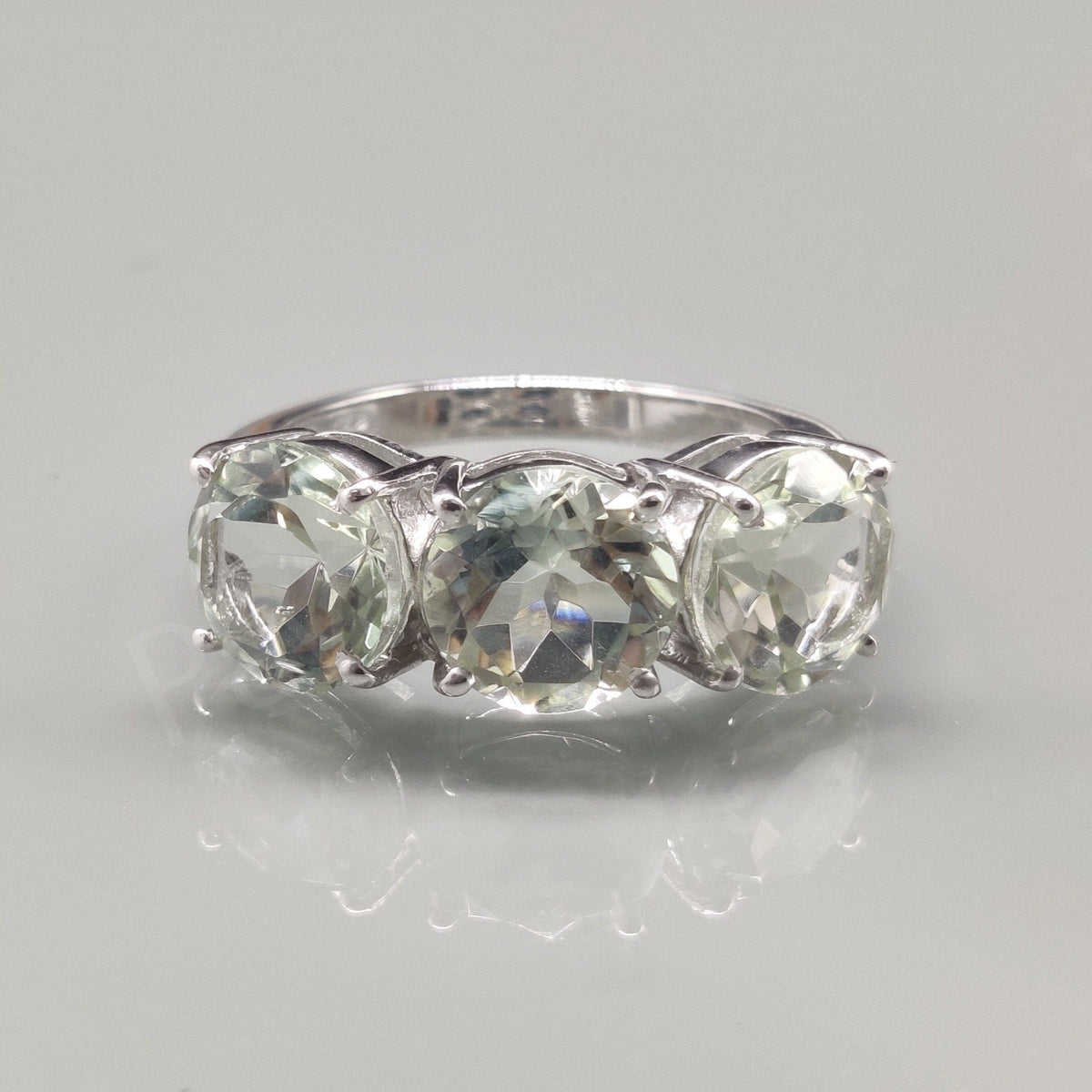 Green Amethyst Sterling Silver Ring: Three Stone February Birthstone, Gift for Her