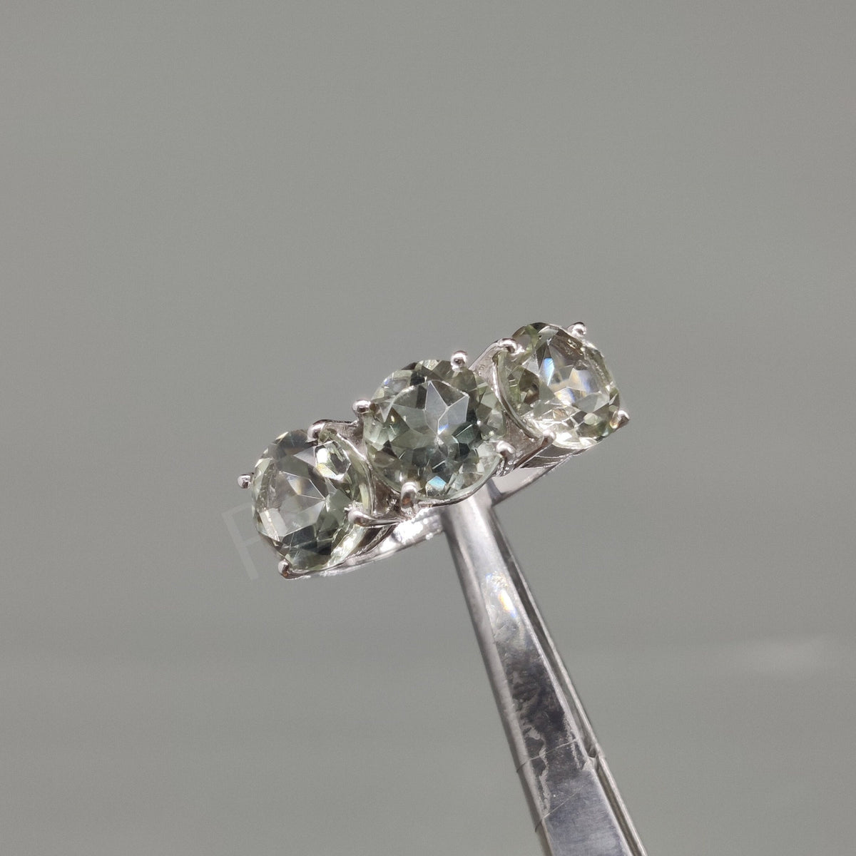 Green Amethyst Sterling Silver Ring: Three Stone February Birthstone, Gift for Her