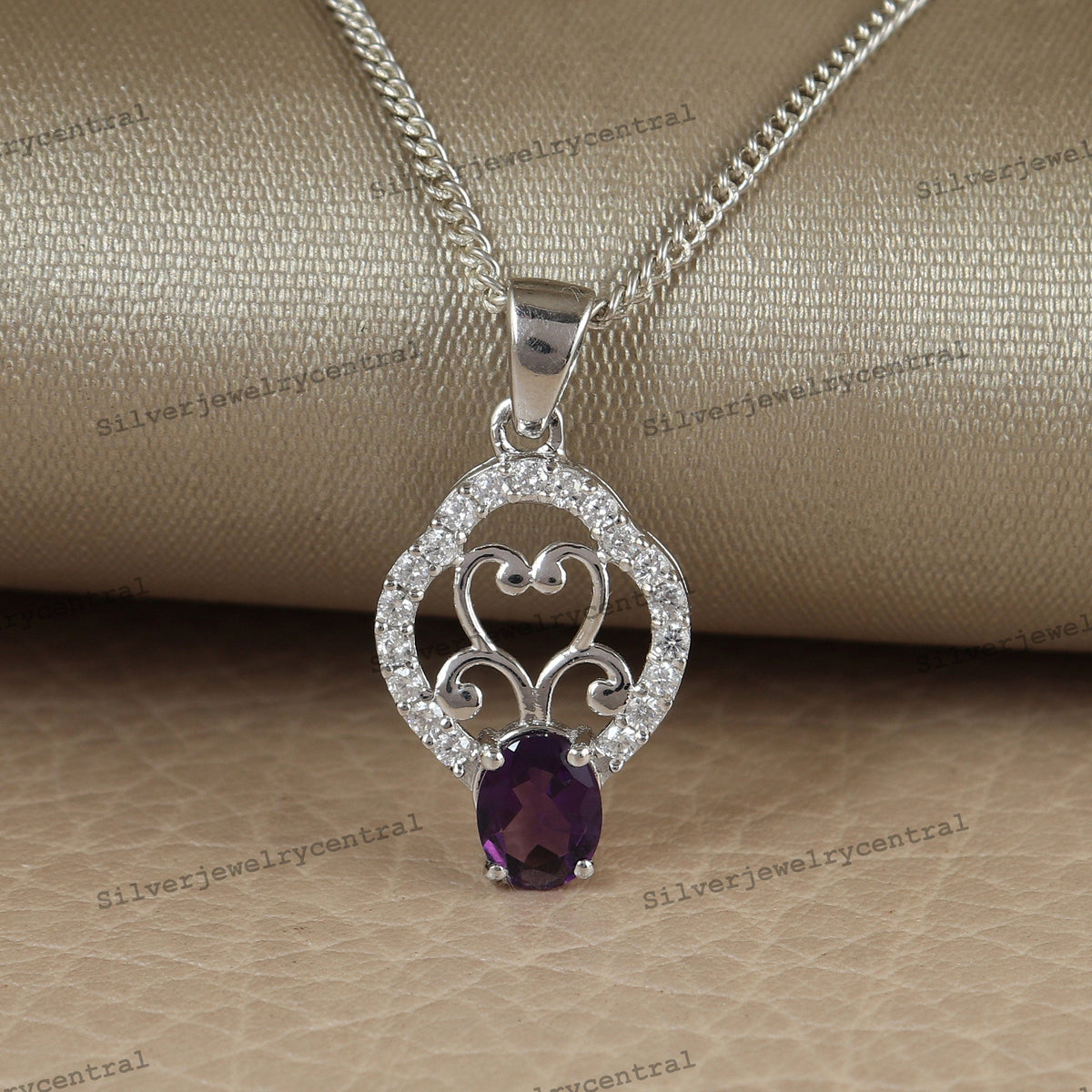 Sterling Silver Amethyst Pendant, February Birthstone, Art Deco Necklace, 8x6mm Oval Stone