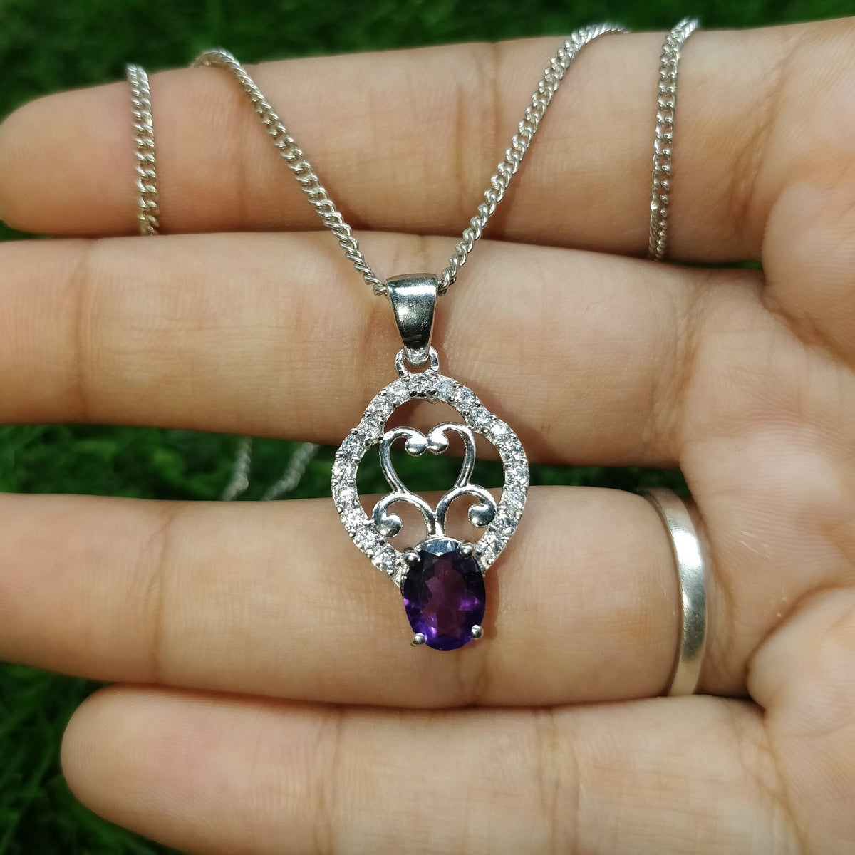 Sterling Silver Amethyst Pendant, February Birthstone, Art Deco Necklace, 8x6mm Oval Stone