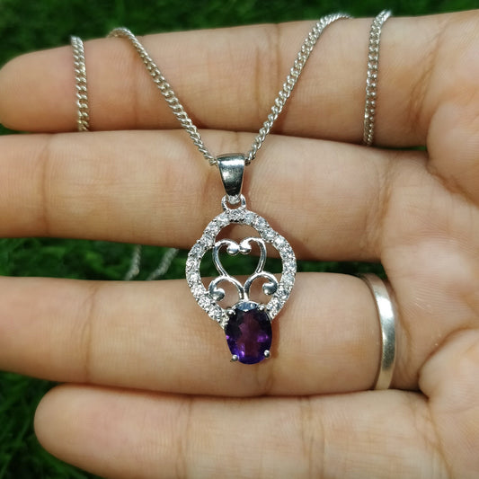Sterling Silver Amethyst Pendant, February Birthstone, Art Deco Necklace, 8x6mm Oval Stone
