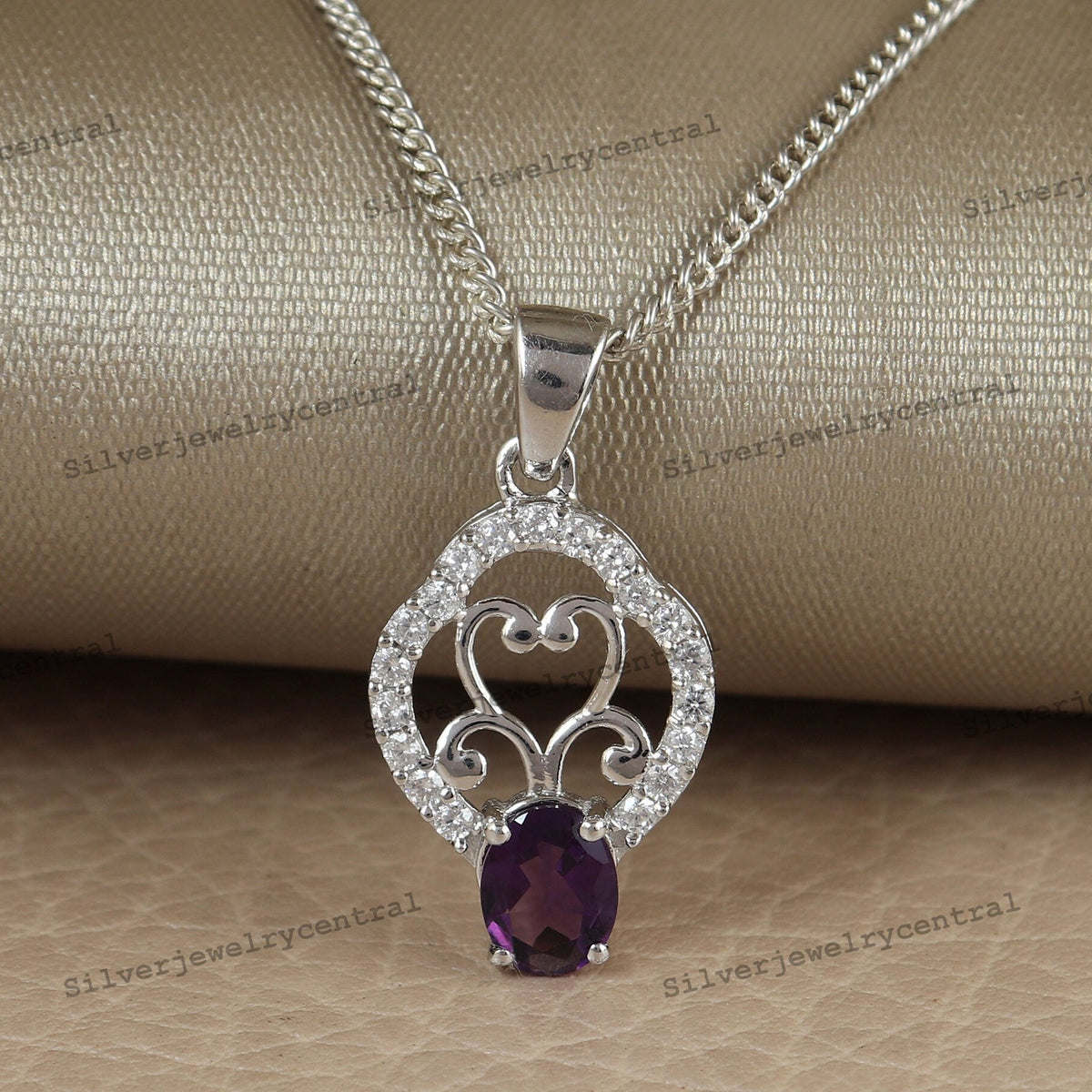 Sterling Silver Amethyst Pendant, February Birthstone, Art Deco Necklace, 8x6mm Oval Stone