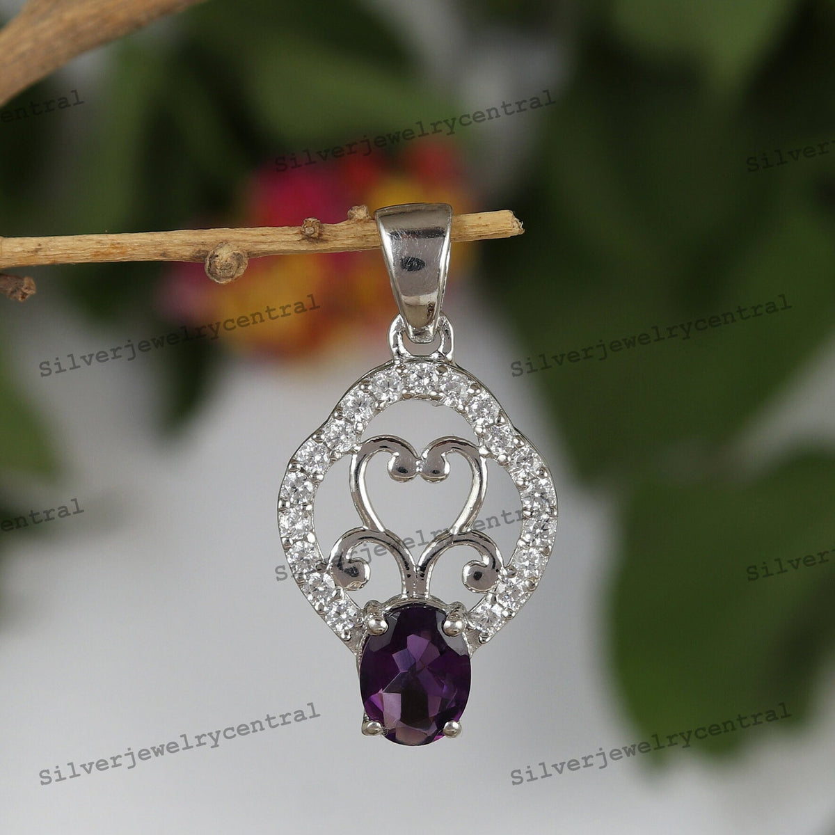 Sterling Silver Amethyst Pendant, February Birthstone, Art Deco Necklace, 8x6mm Oval Stone