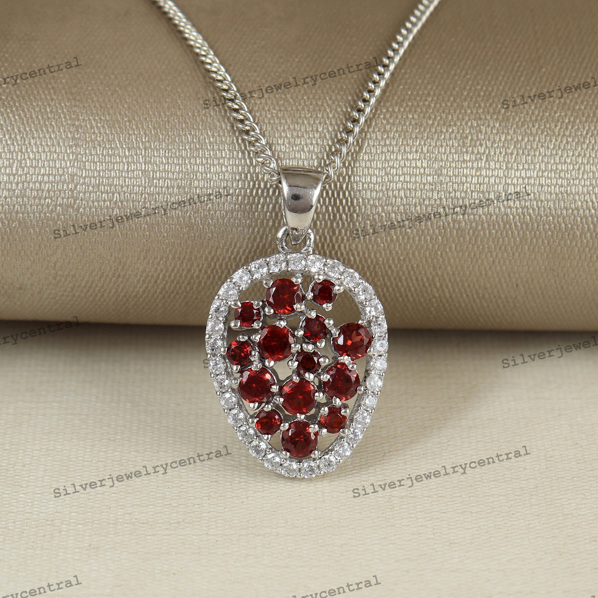 Garnet Cluster Pendant: 925 Sterling Silver January Birthstone Jewelry