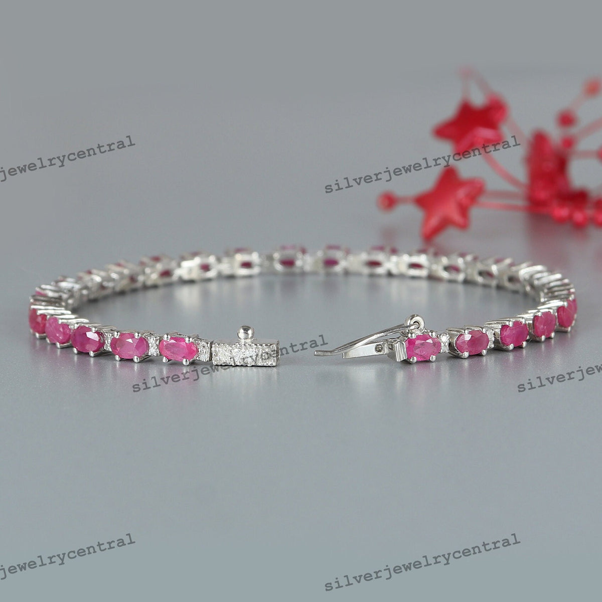 Natural Ruby Tennis Bracelet, Sterling Silver, Oval Cut, July Birthstone, Bridal Jewelry