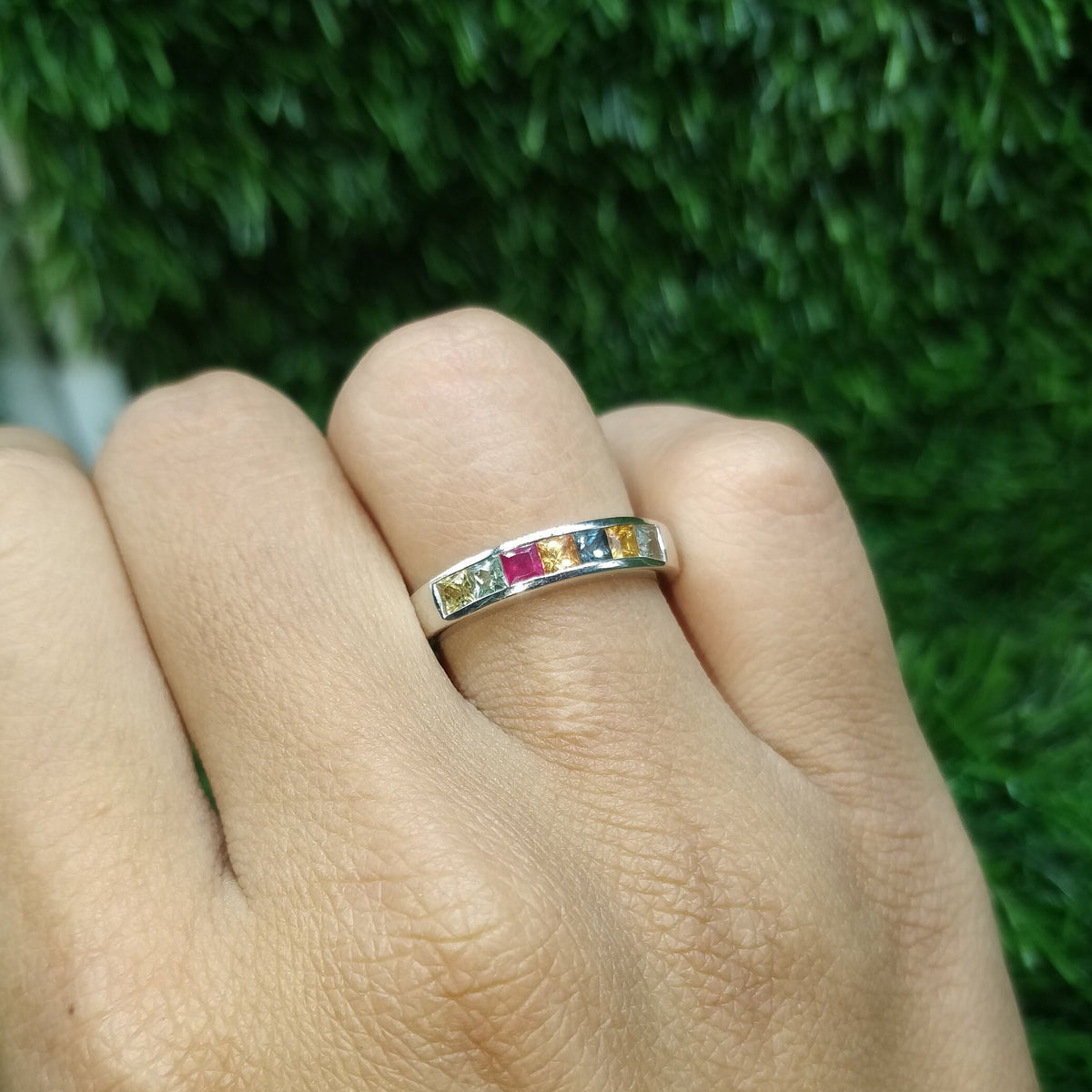 Multi Sapphire Band Ring: Square Gemstone, Sterling Silver Jewelry