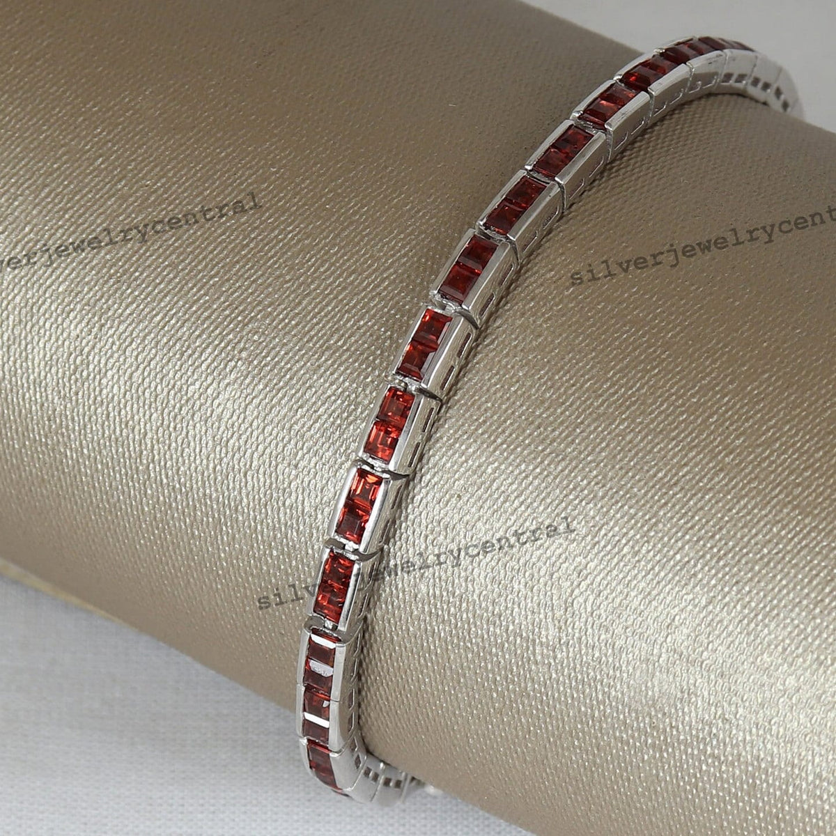 Garnet Tennis Bracelet: Sterling Silver, Square Cut January Birthstone