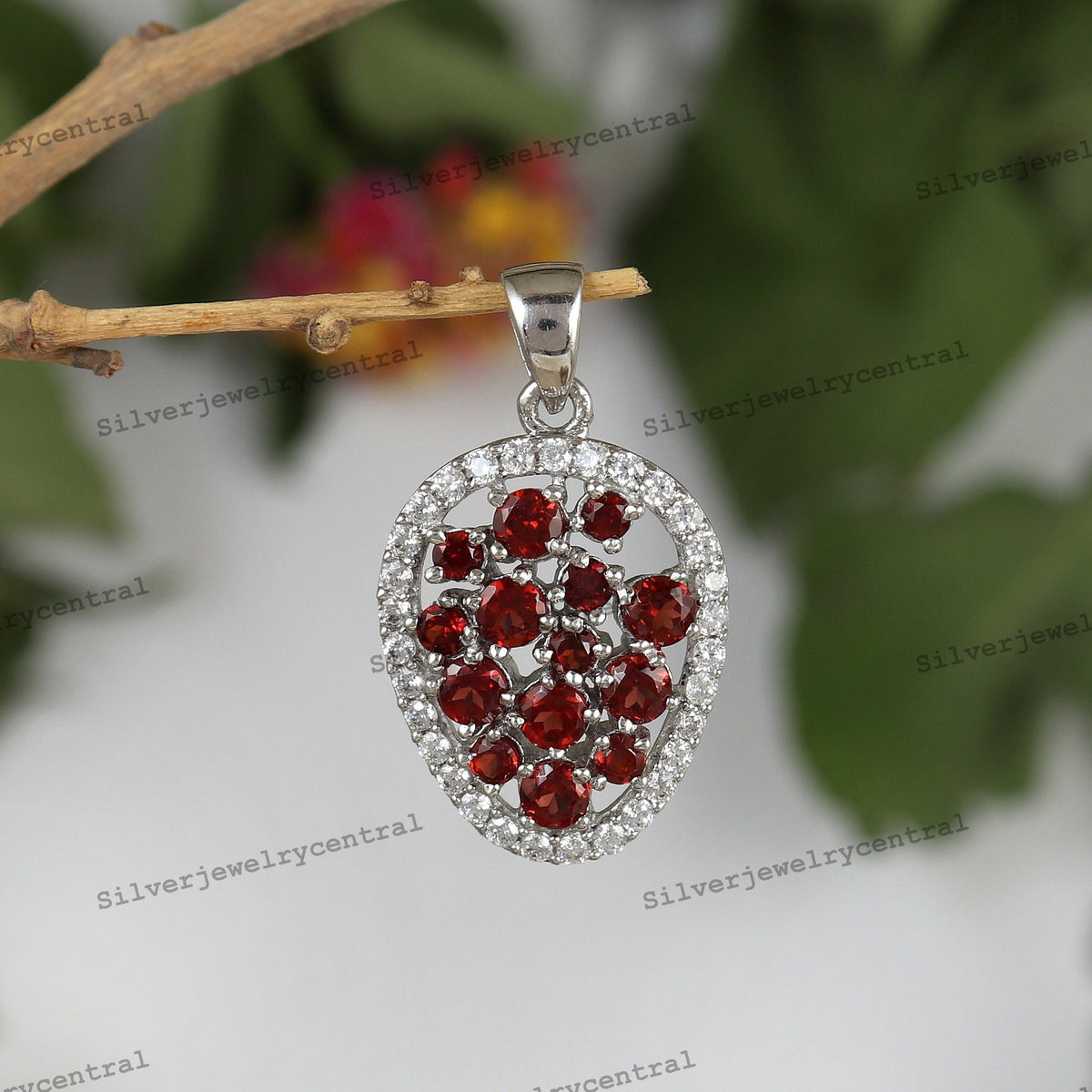Garnet Cluster Pendant: 925 Sterling Silver January Birthstone Jewelry