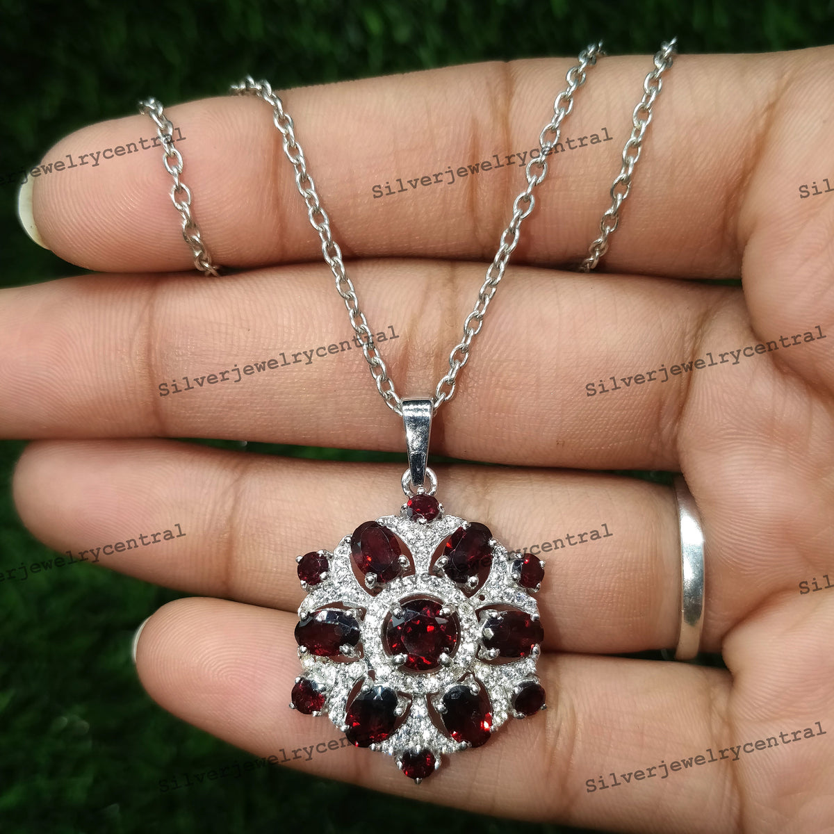 Natural Red Garnet Pendant Necklace, Sterling Silver, January Birthstone, Anniversary Charm