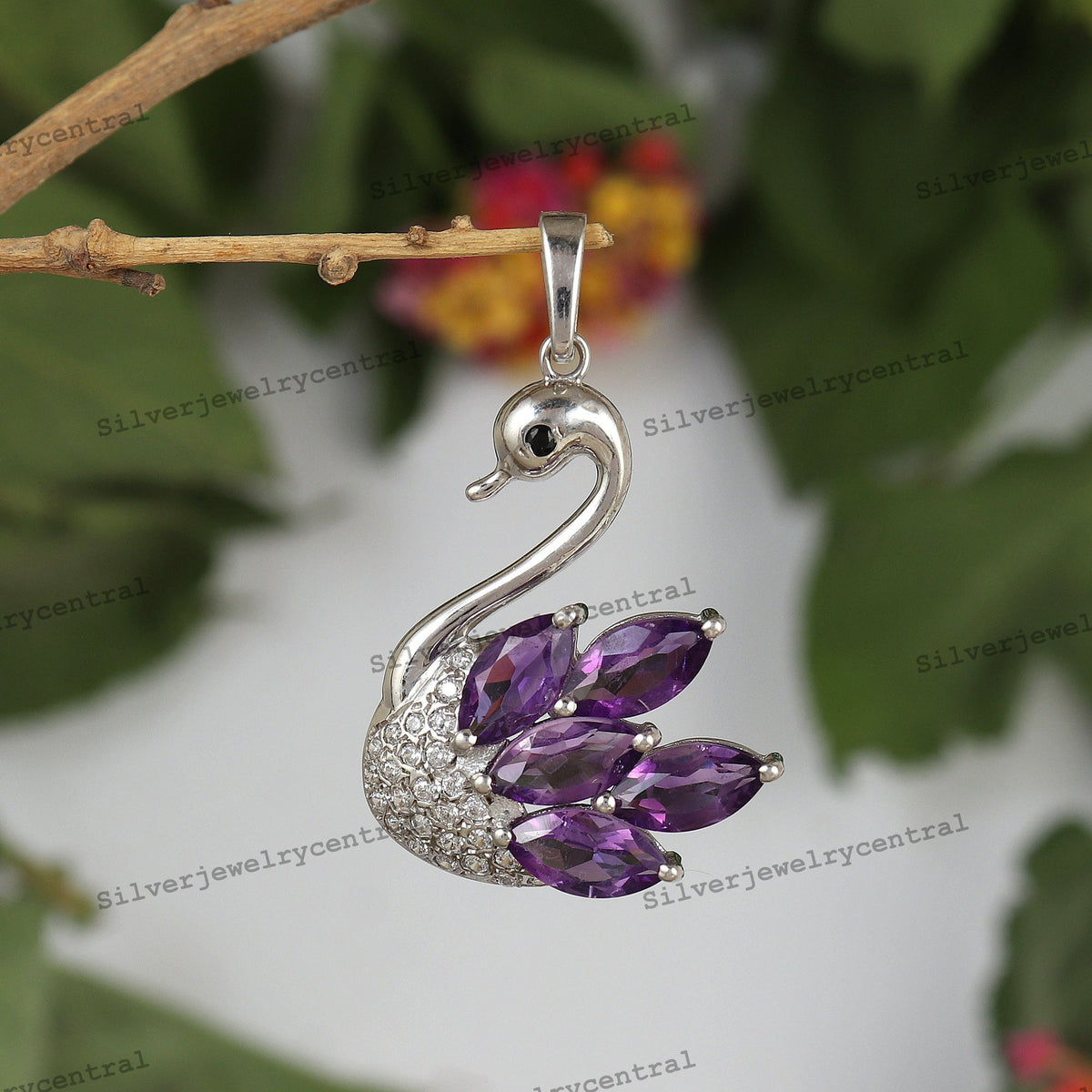 Natural Amethyst Gemstone Swan Pendant Marquise Cut February Birthstone Handmade Jewelry