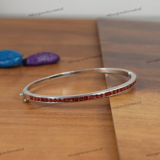 Natural Garnet Bangle: 925 Sterling Silver January Birthstone