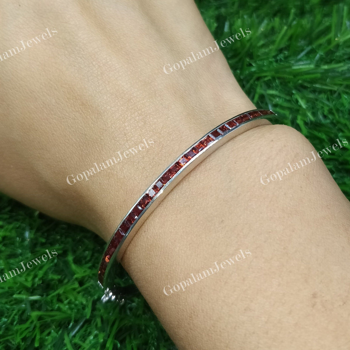 Natural Garnet Bangle: 925 Sterling Silver January Birthstone