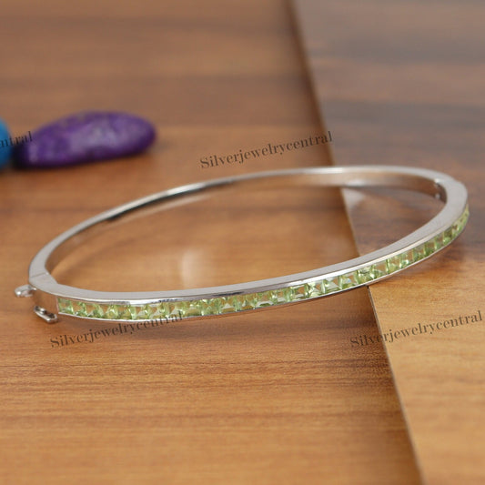 Natural Peridot Bangle-Square Cut Gemstone Bangle-925 Sterling Silver Jewelry-August Birthstone-Green Peridot Jewelry-Anniversary Gift