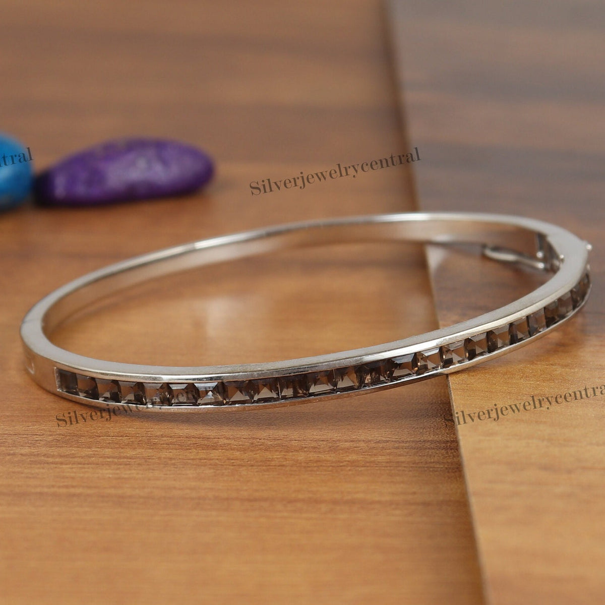 Smoky Quartz Bangle, Sterling Silver, November Birthstone, Square Brown Gemstone Jewelry, Gift for Anniversary