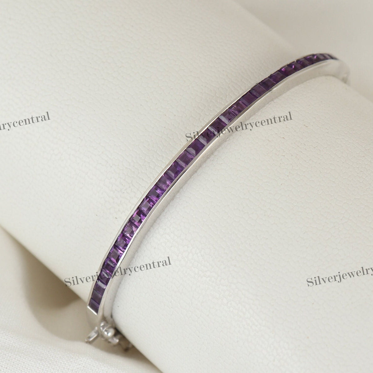 Sterling Silver Amethyst Bangle: Square Cut February Birthstone