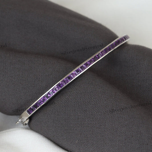 Sterling Silver Amethyst Bangle: Square Cut February Birthstone