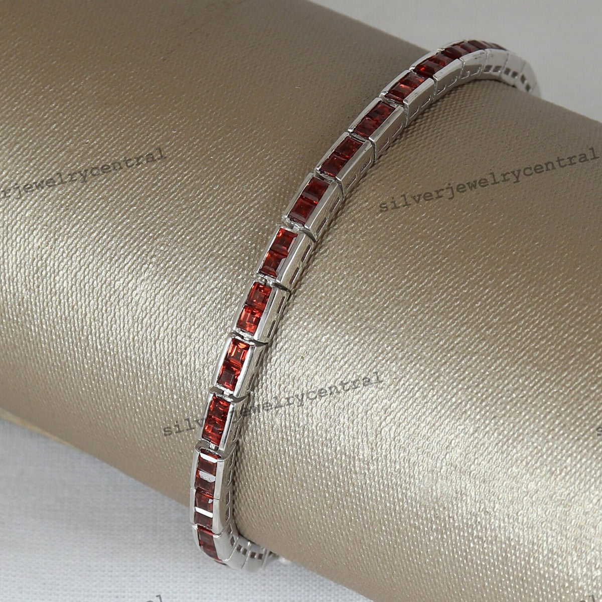 Garnet Tennis Bracelet: Sterling Silver, Square Cut January Birthstone