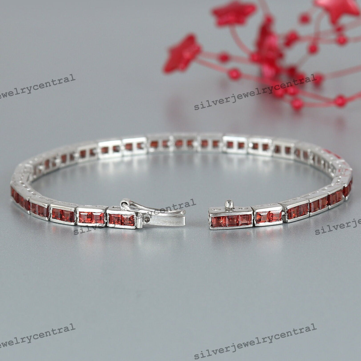 Garnet Tennis Bracelet: Sterling Silver, Square Cut January Birthstone