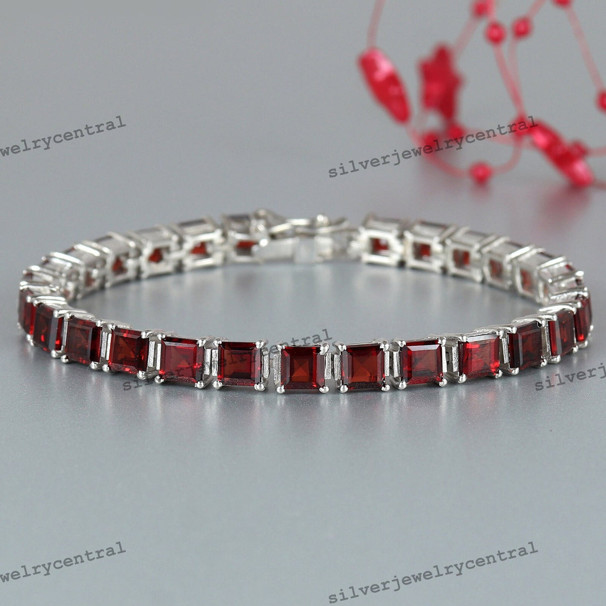 Garnet Tennis Bracelet-925 Sterling Silver Jewelry-Square Cut Garnet-January Birthstone-Handmade Gemstone Bracelet-Gift for Her
